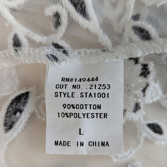Ember Mesh Lace Pearl Button Up A-line Blouse ¾ Sleeves White Black Floral sz L - Picture 11 of 13